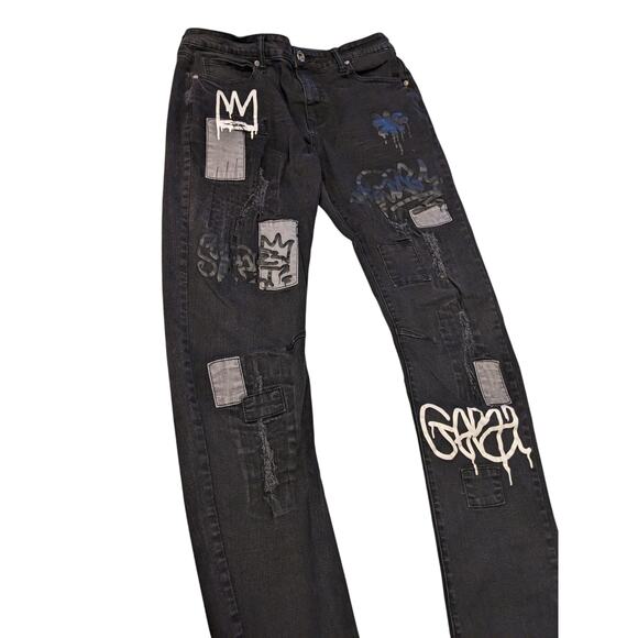 Rutherford Skinny Fit Jeans Mens 34 Distressed Graffiti Patches Streetwear Bold - Picture 9 of 12
